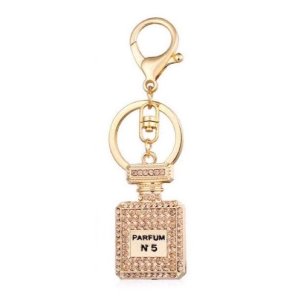 Designer Perfume Bottle Crystal Gold Key Chain, Rhinestone Purse Charm Keychain